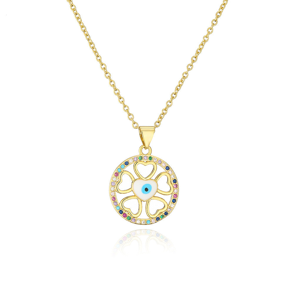 Bohemian Style Geometric Evil Eye Pendant Necklace in Copper with 18K Gold Plating and Enamel Finish, Set with Zircon