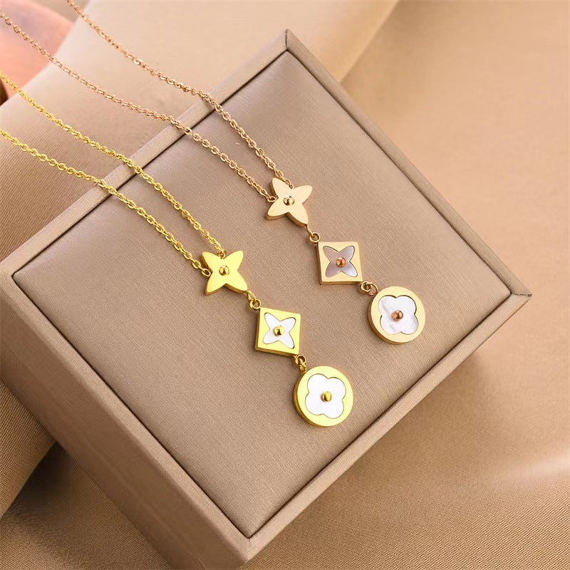 Collana corta da donna con catena a perline, placcata in oro rosa, in acciaio al titanio, con motivo floreale geometrico naturale