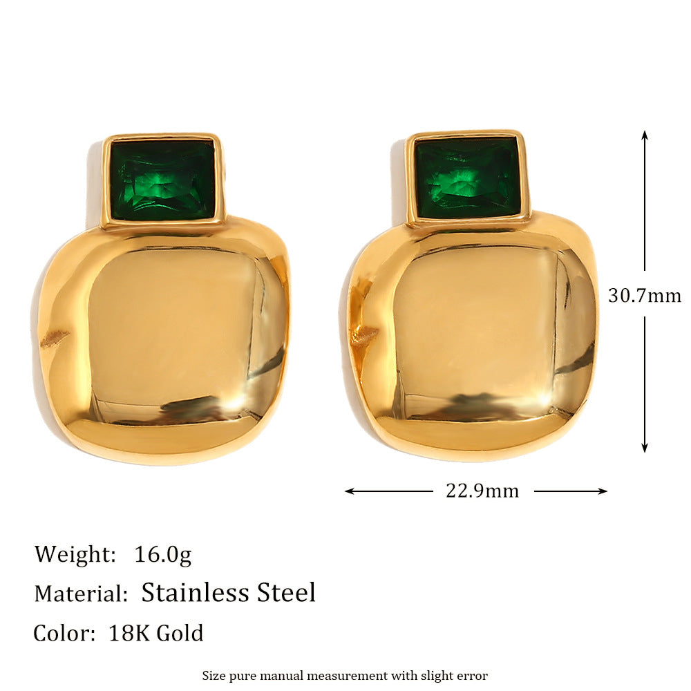 Orecchini vintage geometrici in acciaio inossidabile con placcatura in oro 18K e perni quadrati lucidi con zirconi verdi da donna