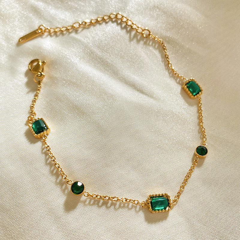 Gold Plated Titanium Steel Square Emerald Micro-set Cubic Zirconia Bracelet Geometric Unisex