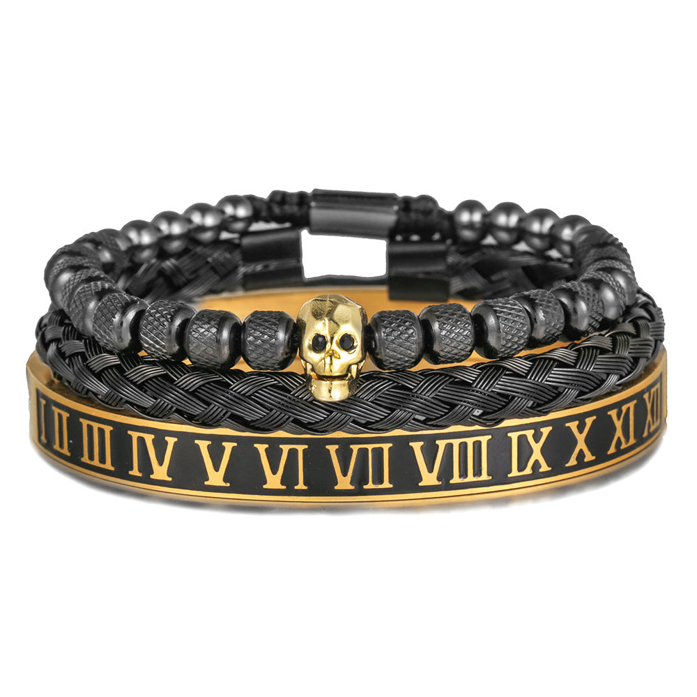 Vintage Streetwear Skull Letter Number Braided Titanium Steel Bracelet with Cubic Zirconia