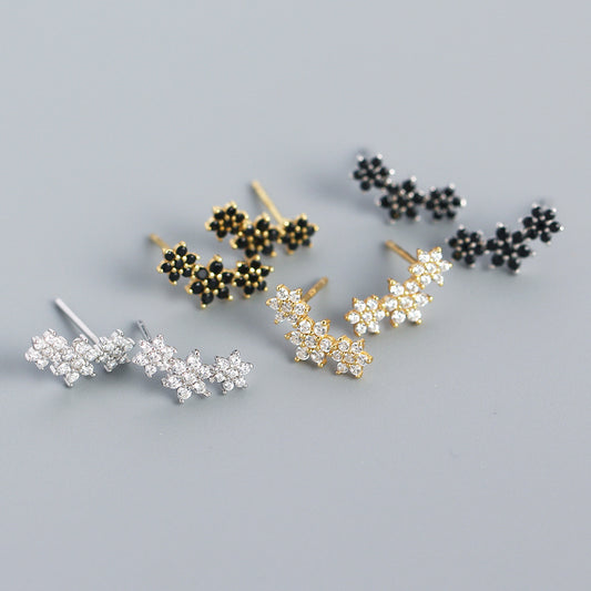 Dulces y elegantes pendientes de tuerca de plata de ley 925 con incrustaciones florales de diamantes de imitación