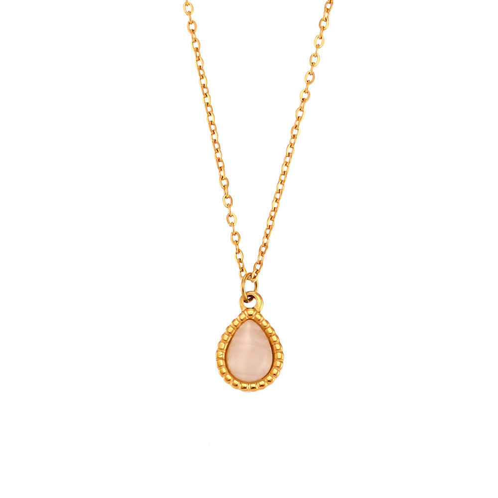 Collana con Pendente a Goccia in Pietra Occhio di Gatto, Stile Minimalista, in Acciaio Inossidabile Placcato Oro, da Donna