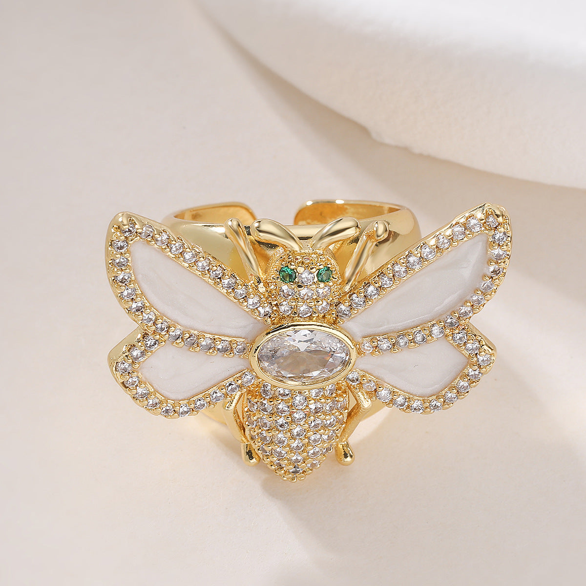 Minimalist Elegant 18K Gold Plated Brass Geometric Micro-Inlaid Cubic Zirconia Bee Open Ring for Women