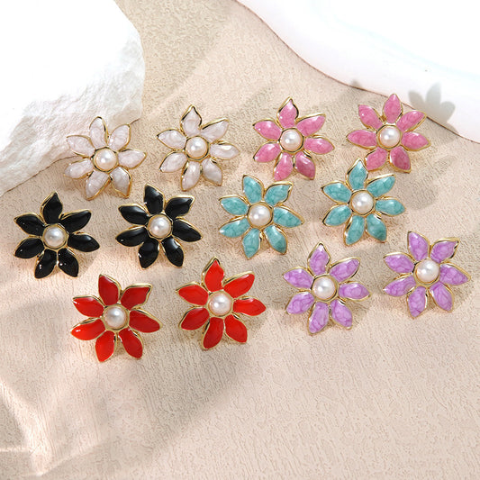 Elegantes pendientes de perlas de acero inoxidable con diseño floral de goteo de aceite para mujer