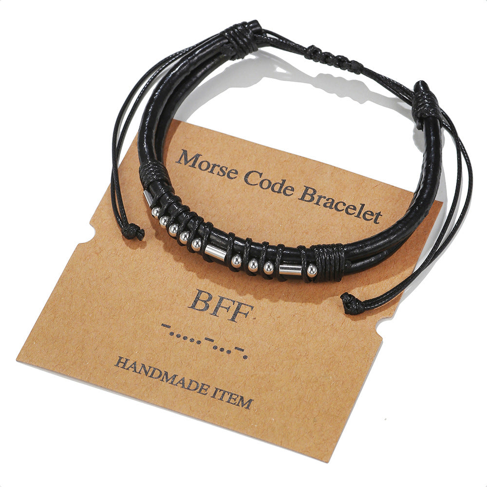 Morse Code Letter Number Stainless Steel Leather Bracelet Unisex
