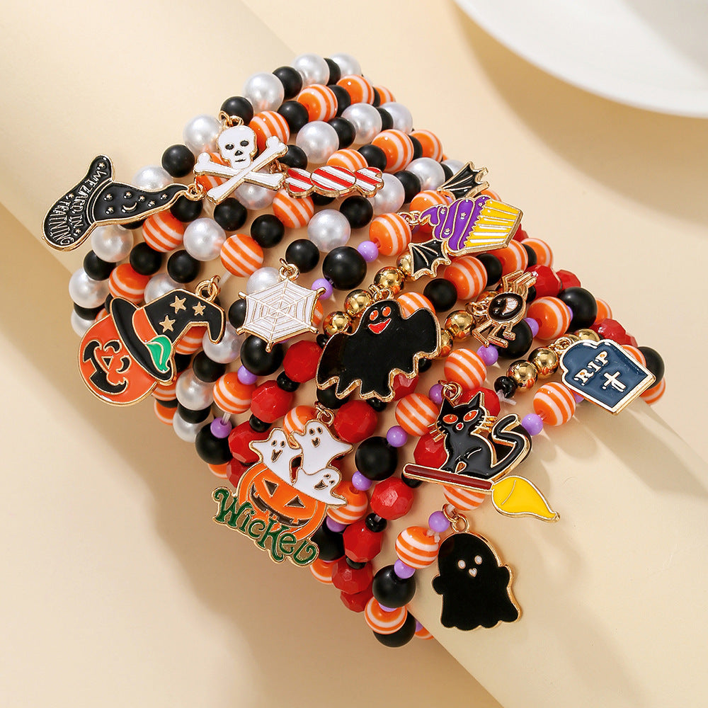 Gothic Punk Plated Alloy Cartoon Spider Bat Skull Charm Bracelet for Women Halloween Gift