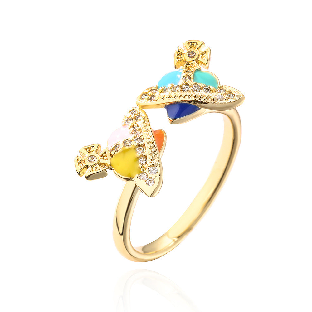 Irregular Geometric Copper Ring with 18K Gold Plating and Enamel Finish for Women