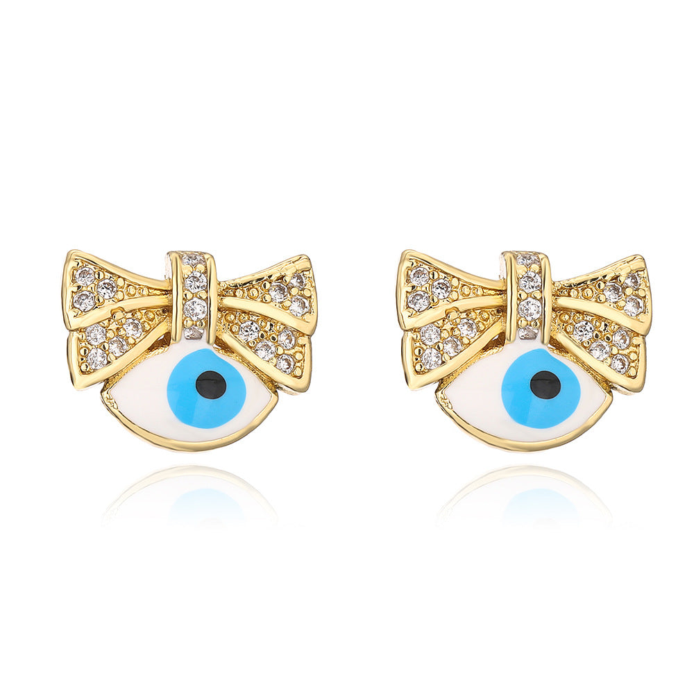 Geometric Eye-Shaped Enamel Zirconia Earrings for Women in Copper with 18K Gold Plating