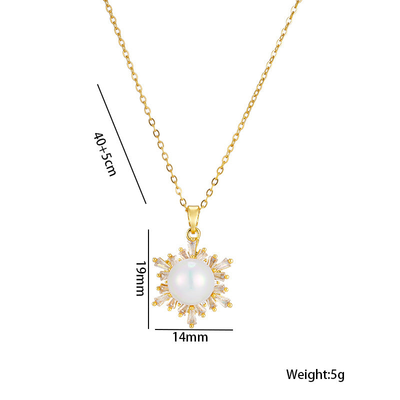 Collana minimalista geometrica in acciaio al titanio da donna con pendente in madreperla, placcata oro 18 carati, design a fiocco di neve, zirconi trapezoidali micro-incastonati, catena lucida a clavicola