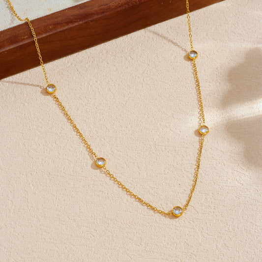 Minimalist Gold Plated Round Geometric Stainless Steel Necklace with Rhinestone for Women