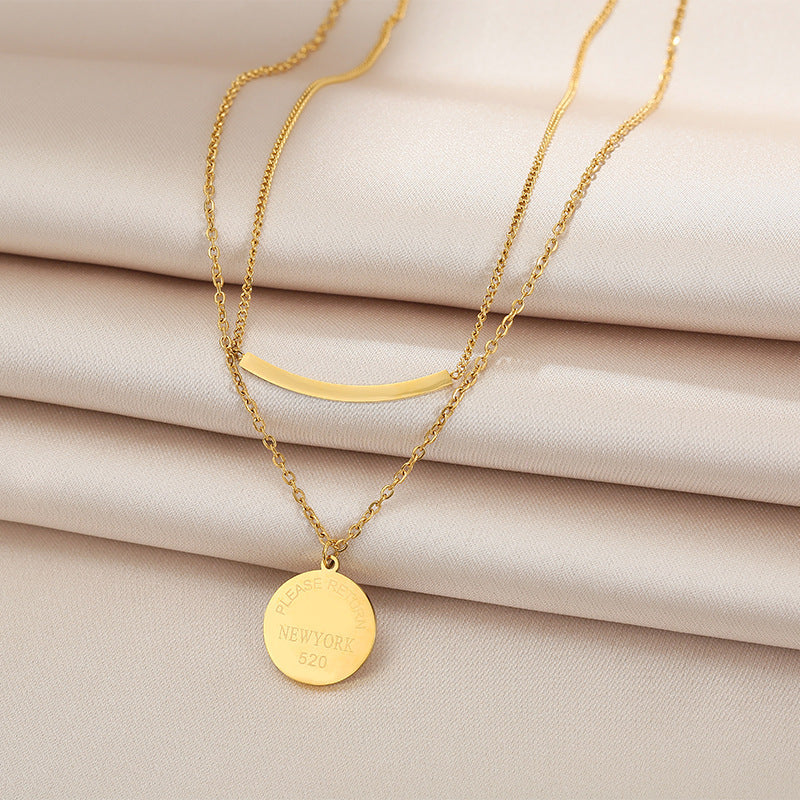 Minimalist Geometric Letter Pendant Necklace for Women Titanium Steel Plated Long Layered Clavicle Chain with O-Shape Link