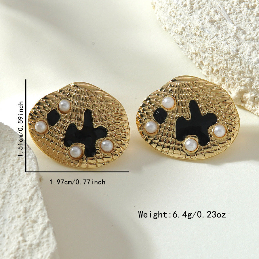 Orecchini in Acciaio Inossidabile con Design a Goccia Geometrica, Perla di Concha e Nota Musicale, Stile Lusso Casual, per Donna