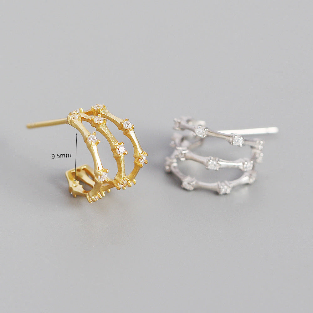Minimalist Geometric Three-Tier Bamboo-Inspired C-Shaped Rhinestone-Set S925 Sterling Silver Hoop Earrings
