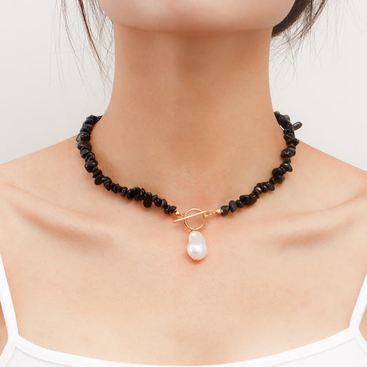 Minimalist Geometric Pendant Necklace for Women with Black Natural Stone Inlay and Large Pearl Charm on Alloy Chain with Plated Finish