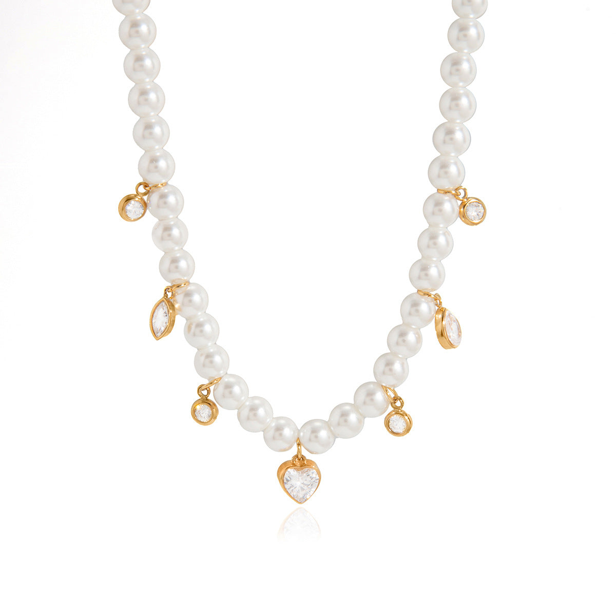 Minimalist Geometric Heart Stainless Steel Necklace with Simulated Pearl and Cubic Zirconia PVD Plated for Women