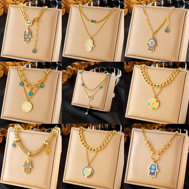 Collana Pendente Mano e Occhio in Acciaio Inossidabile Placcato Oro Doppio Strato Vintage
