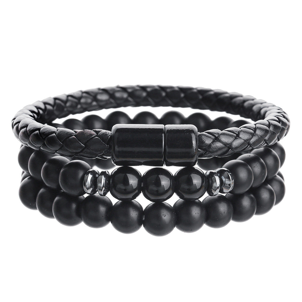 Vintage Geometric Tiger's Eye and Hematite Leather Bracelet Set with Cross Charm for Men and Women