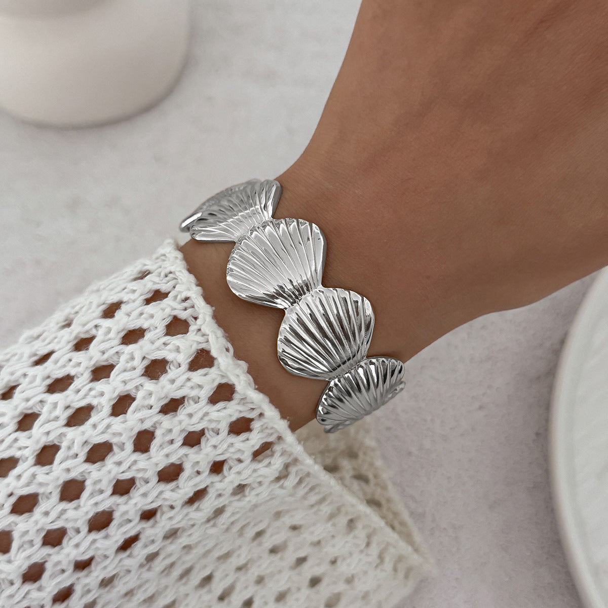 Vacation Style Floral Seashell Open Bangle Bracelet for Women in Plated Metal