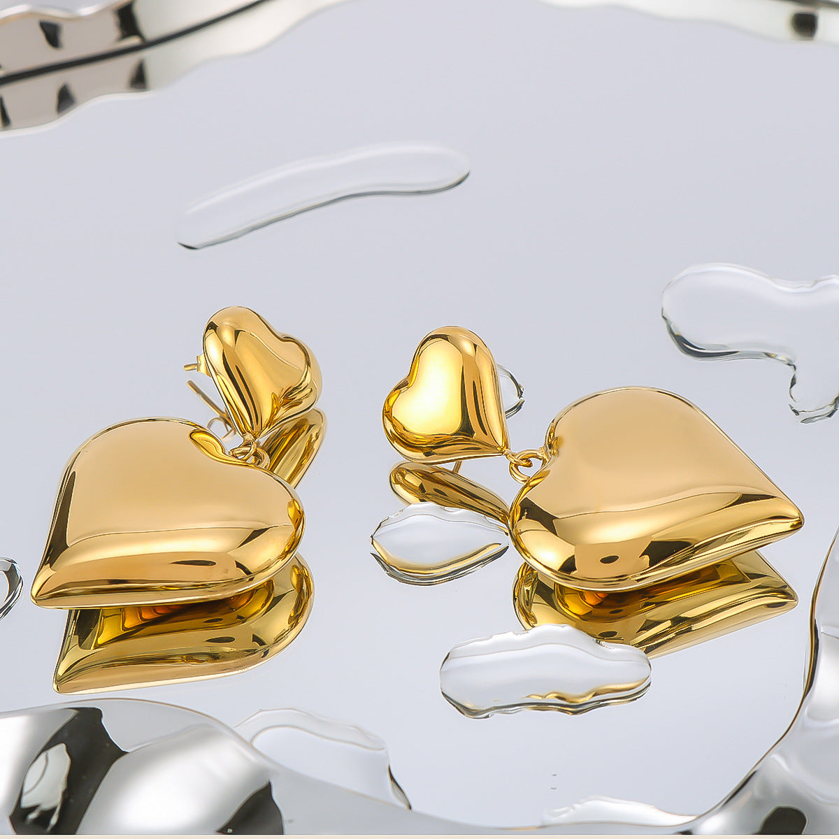 Ins Style Heart-Shaped Pendant Earrings with Double-Layer Love Heart Design, 18K Gold Plated Stainless Steel