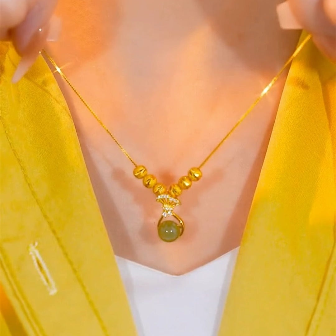 Original Design Irregular Shape Copper Plated Gold Green Lucky Bag Pendant Necklace for Women with Titanium Steel O-Chain