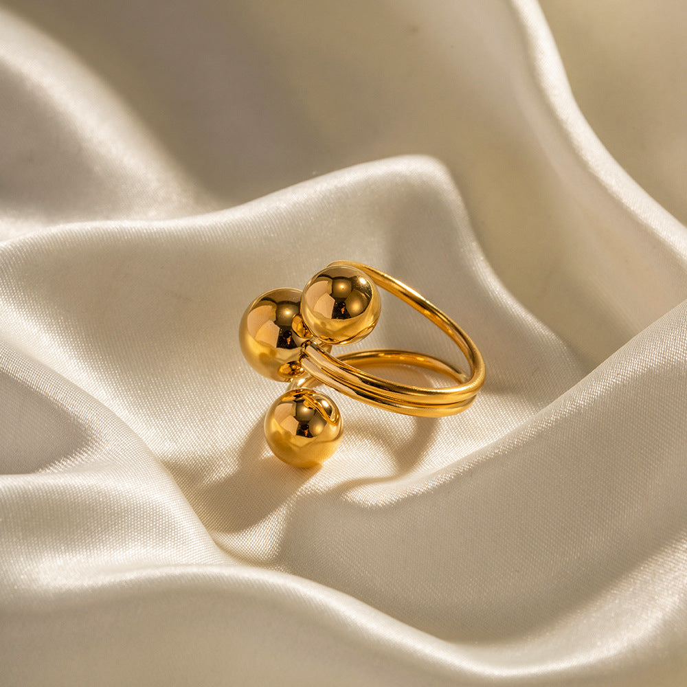 Fashionable 18K Gold Plated Stainless Steel Geometric Three-Ball Open Ring for Women