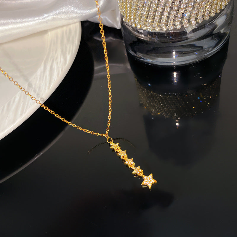 Micro-Paved Cubic Zirconia Star Floral Tassel Titanium Steel Necklace for Women