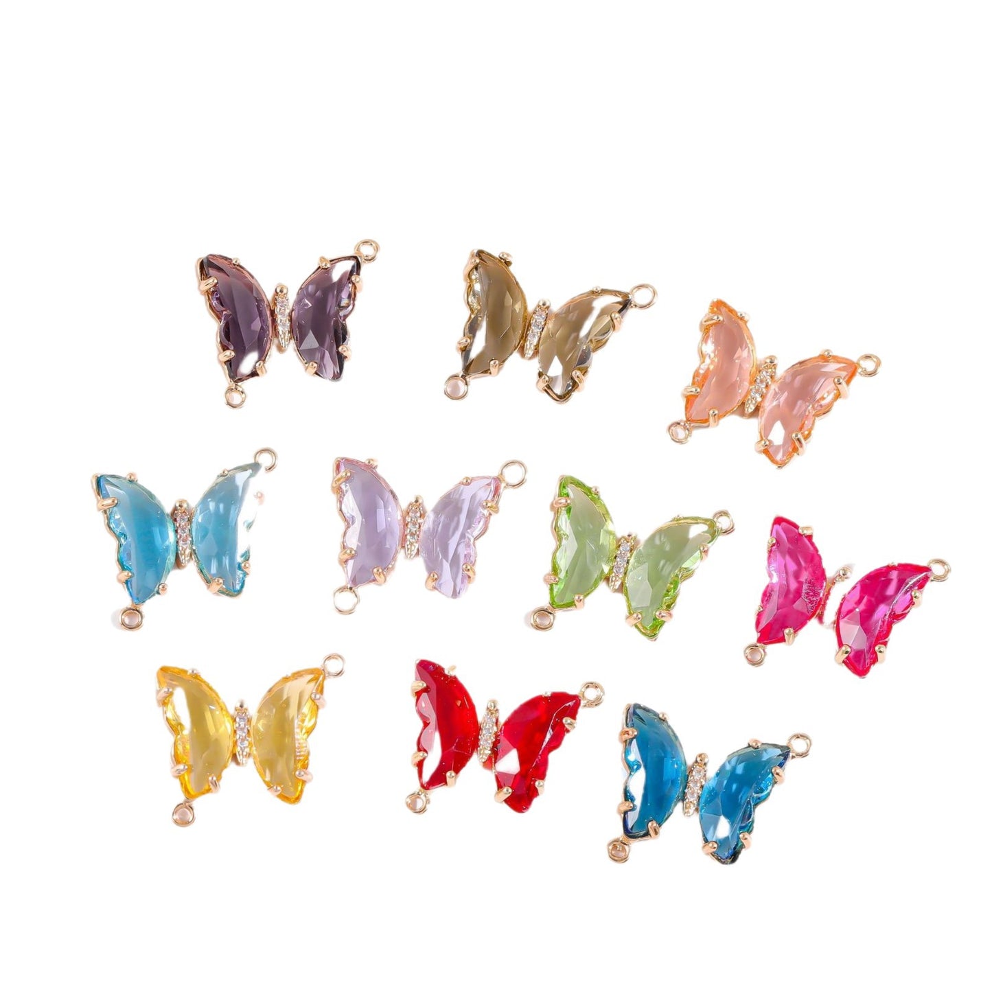 Sweet Gradient Glitter Crystal Butterfly Double Pendant Brass Plated Charm Bar