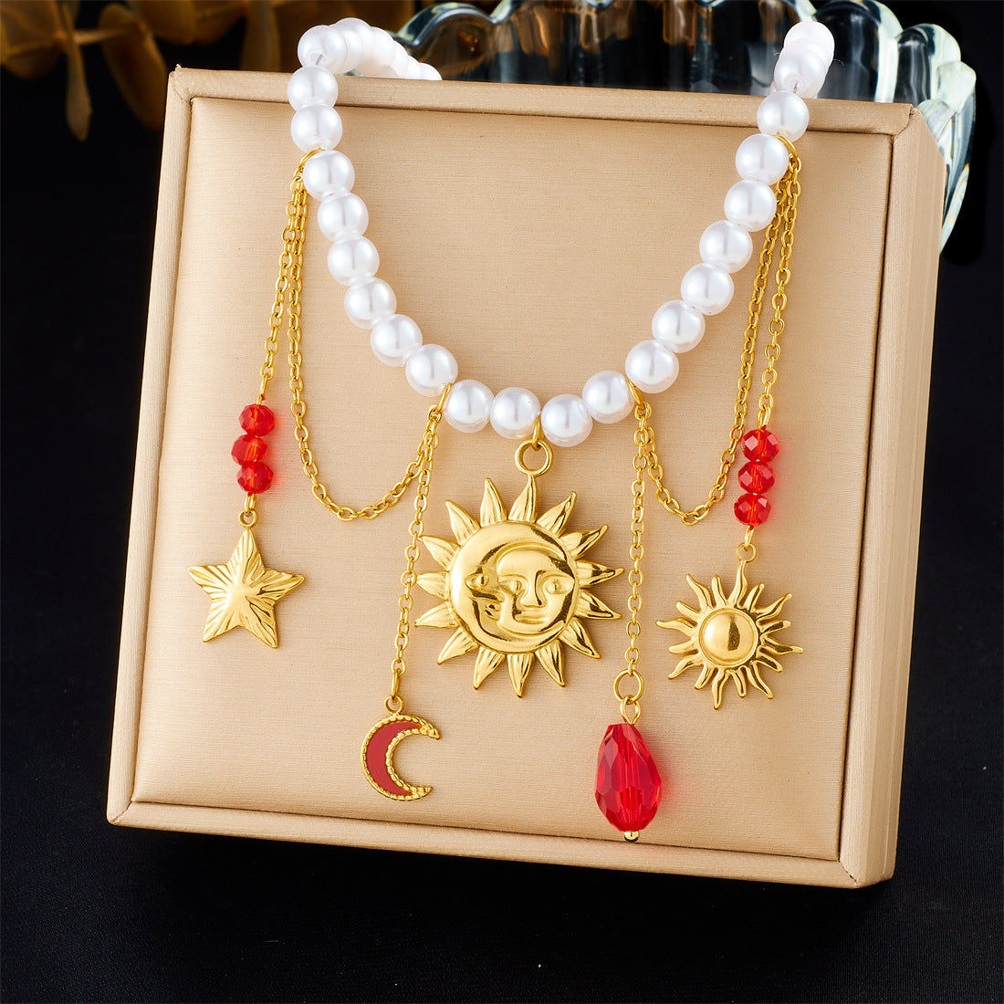 Vintage Elegant Gold Plated Stainless Steel Heart Star Moon Sun Floral Butterfly Rhinestone Pearl Tassel Necklace