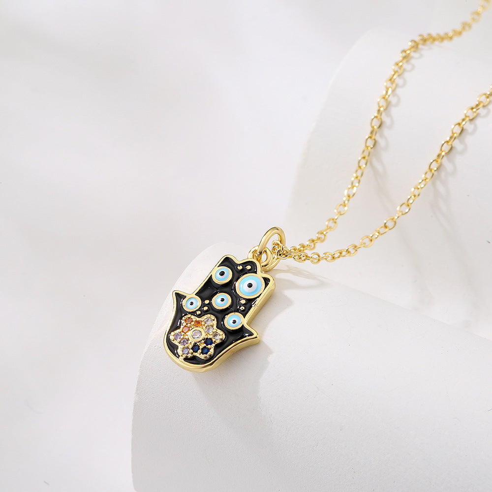 Minimalist Geometric Fatima Hand Pendant Necklace for Women in Copper with 18K Gold Plating and Enamel Finish Featuring Cubic Zirconia Accents