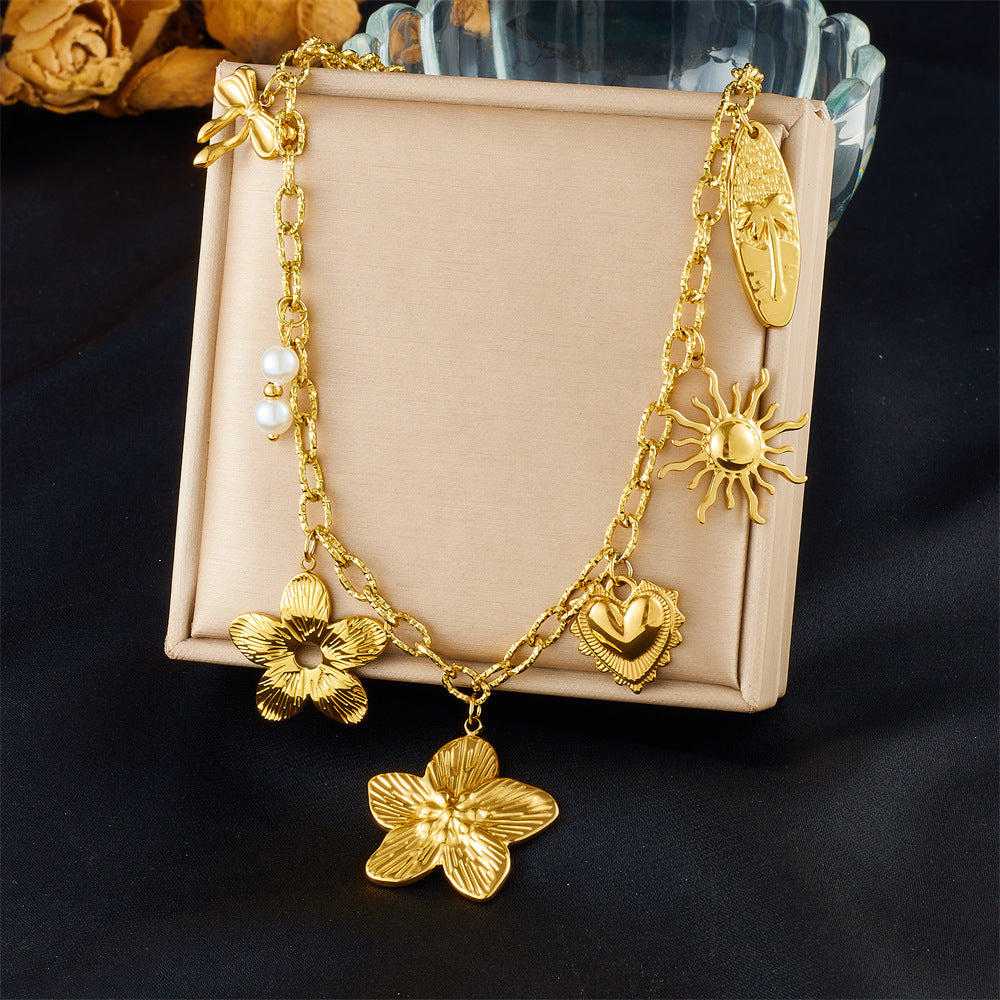 Stainless Steel Plated Star and Shell Pendant Necklace with Cable Chain for Women