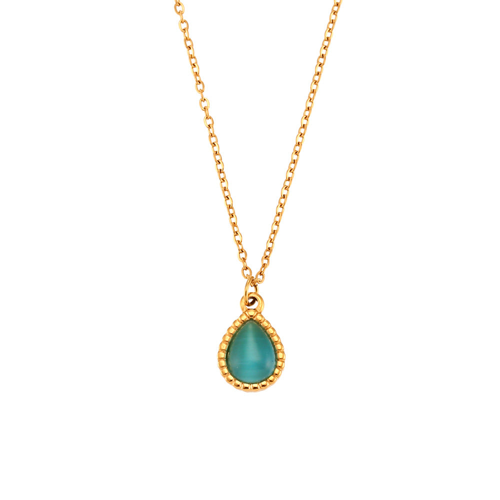 Collana con Pendente a Goccia in Pietra Occhio di Gatto, Stile Minimalista, in Acciaio Inossidabile Placcato Oro, da Donna