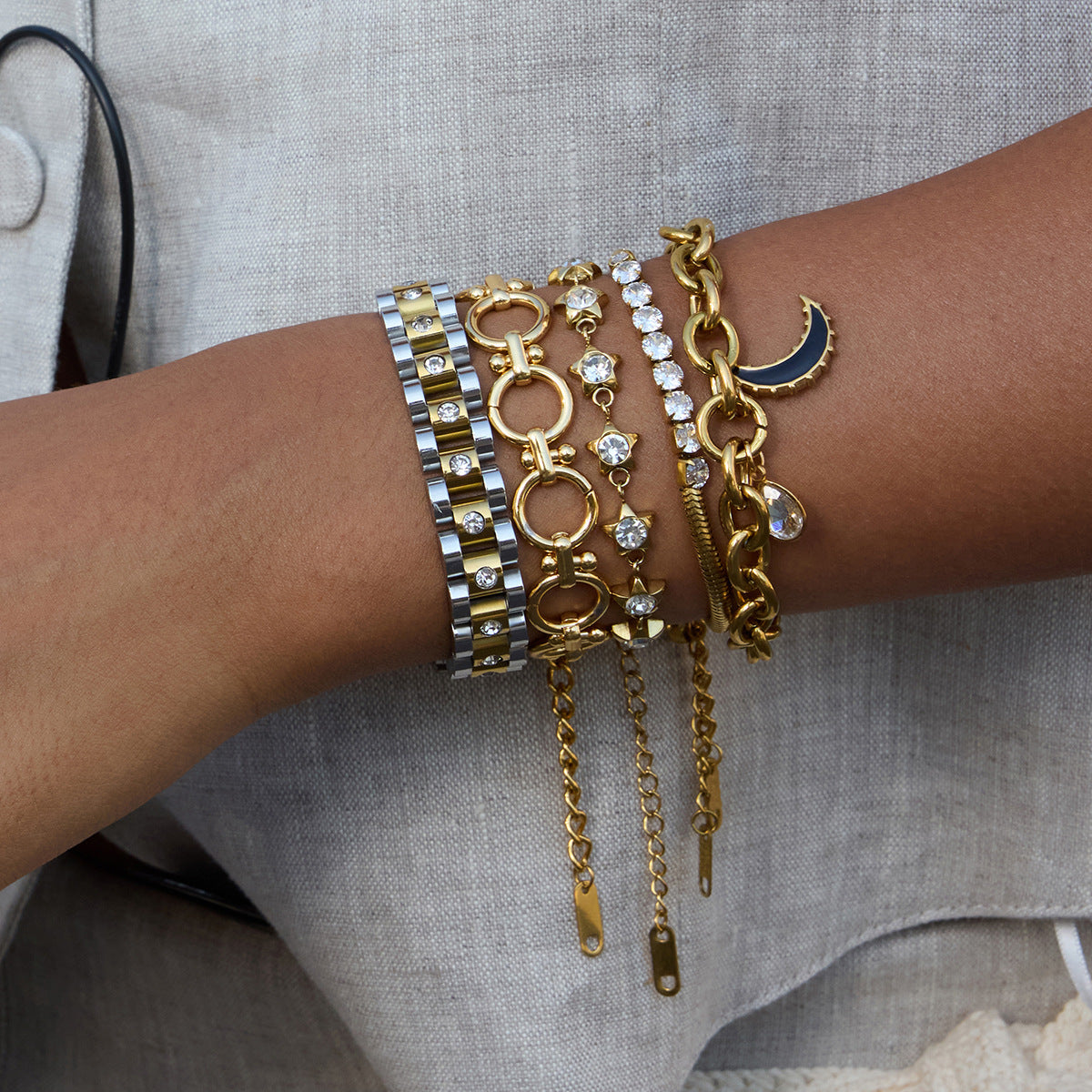 Pulsera de Acero Inoxidable con Baño, en Forma de Estrella, de Lujo Minimalista para Mujer con Detalles de Pedrería