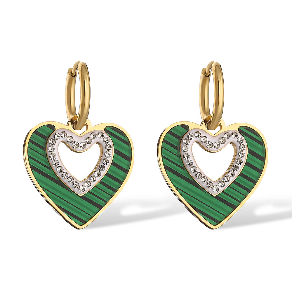 Orecchini da donna a forma di cuore in stile francese elegante, con zirconi e conchiglie, in acciaio al titanio, accessorio di moda minimalista