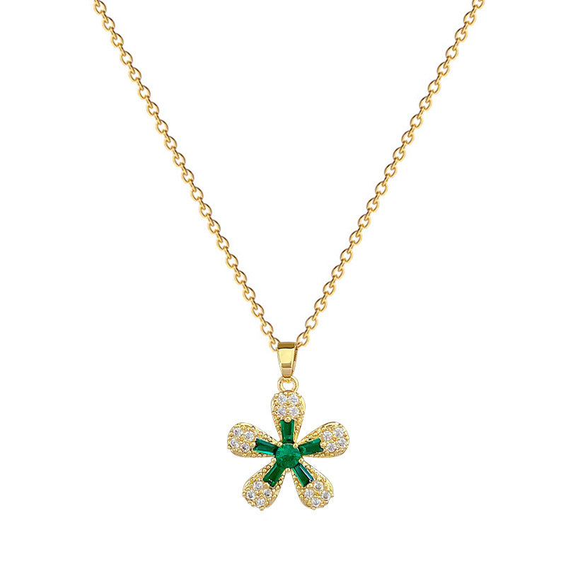 Elegante collana a pendente con fiore a cinque petali per donna, con intarsio completo di strass su catena in acciaio al titanio