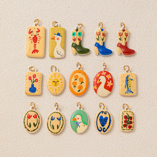 Casual Drip Oil Plated Brass Heart Geometric Pendant Necklace with Floral and Cartoon Charms