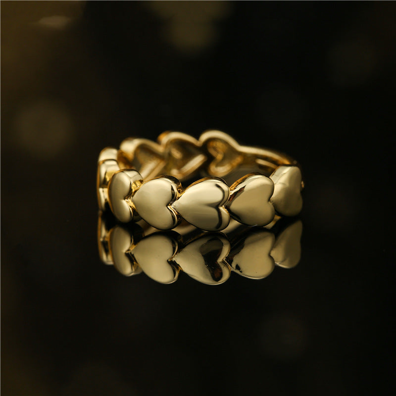 Punk 18K Gold Plated Heart Geometric Brass Ring with Cubic Zirconia for Women