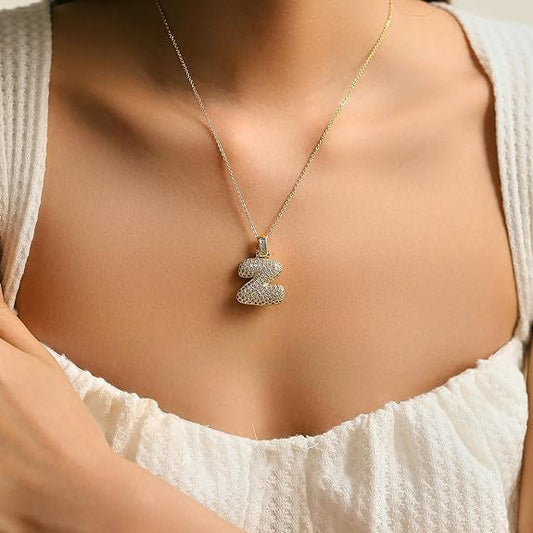 14K Gold Plated Brass Letter Pendant Necklace with Cubic Zirconia Inlay Box Chain for Women