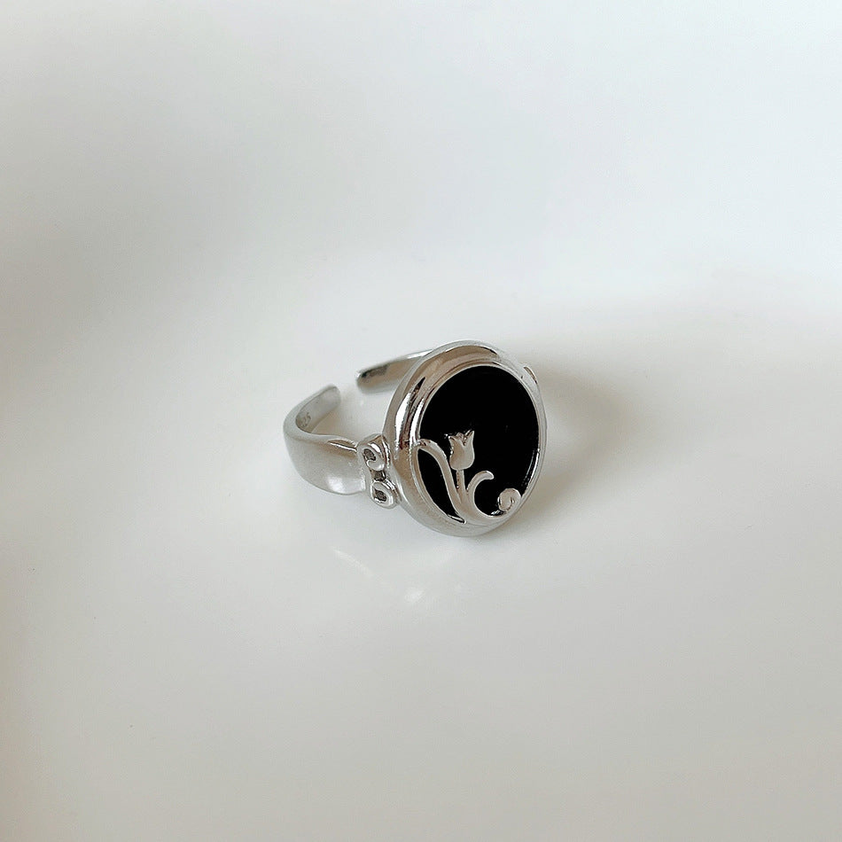 Sweet 925 Sterling Silver Adjustable Black Agate Flower Ring for Women