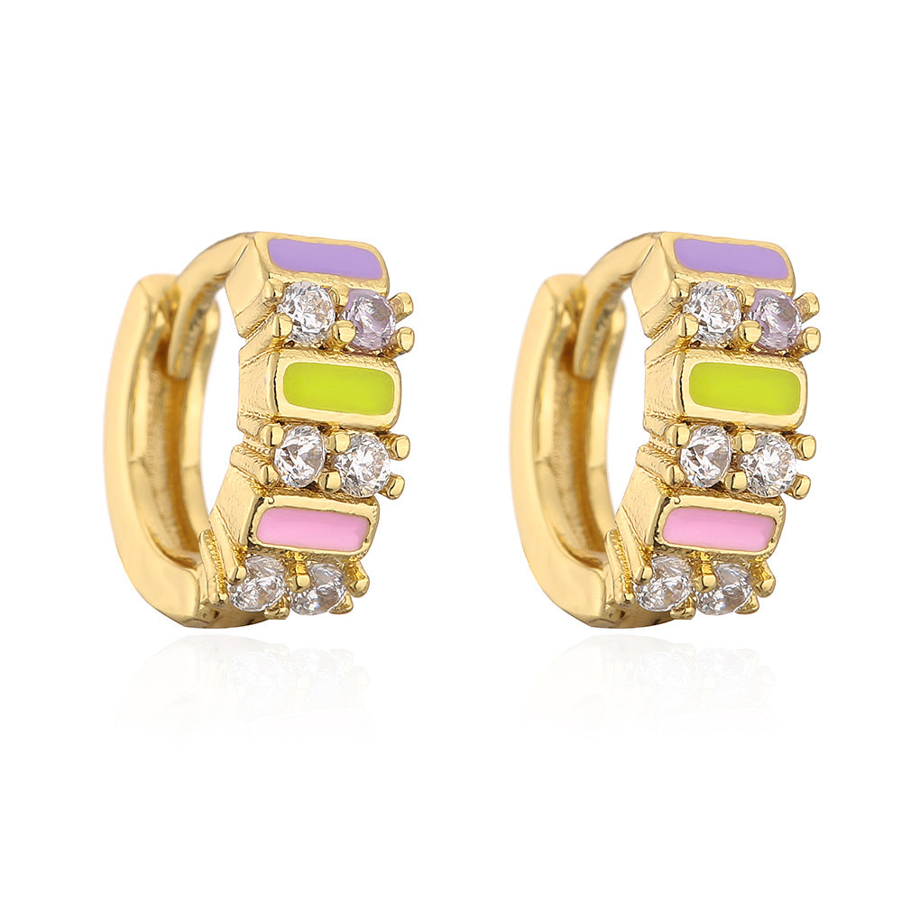 Bohemian Style Geometric Shaped Enamel Zirconia Earrings for Women with Copper Base and Gold Plating