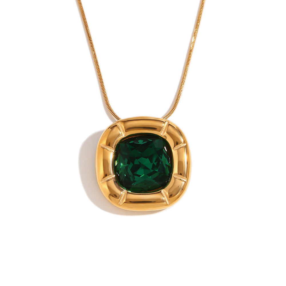 Vintage Fashion Floral Geometric Square Zirconia Necklace for Women Stainless Steel with 18K Gold Plating