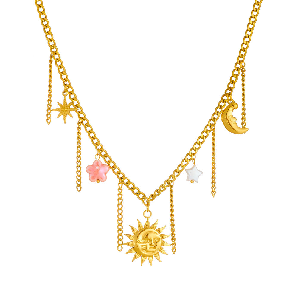Fashion Gold Plated Stainless Steel Sun Moon Star Tassel Pink Floral Pendant Necklace Serpentine Chain