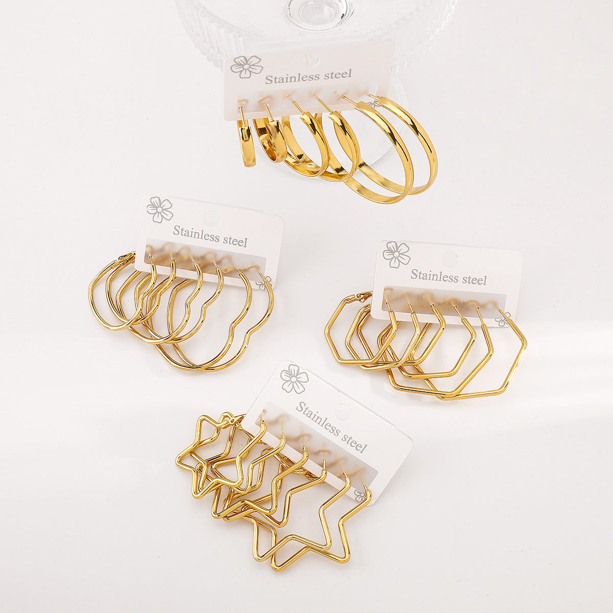 Minimalist Geometric Stainless Steel Earrings for Women with Plated Finish, Circular and Hexagonal Hoop and Stud Set