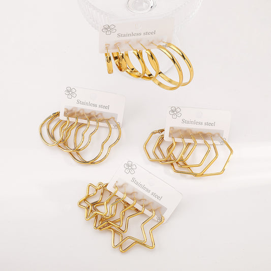Pendientes minimalistas de acero inoxidable geométricos para mujer con acabado chapado, conjunto de aros y studs circulares y hexagonales