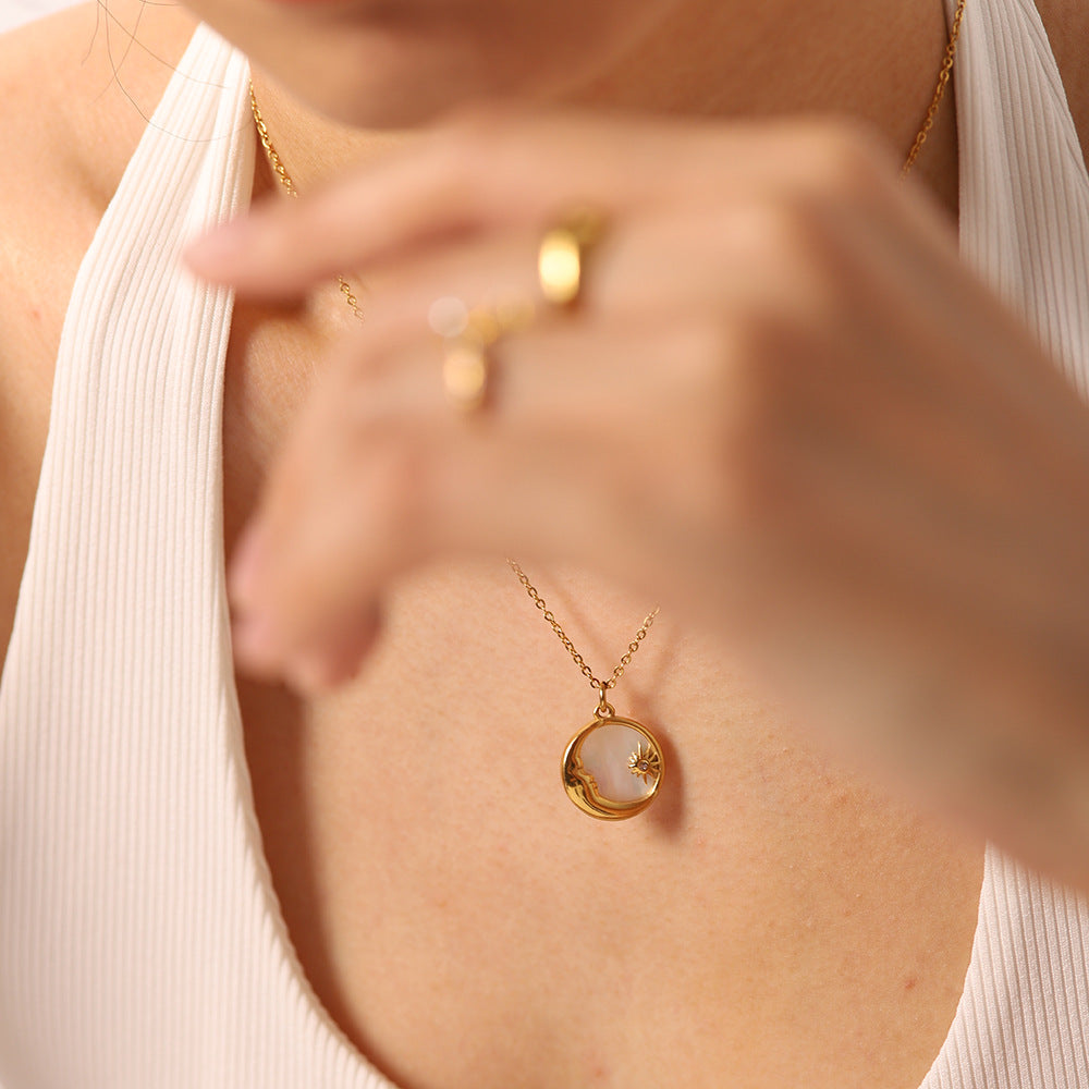 French Style 18K Gold Plated Stainless Steel Necklace with Natural White Shell Star Moon Geometric Pendant