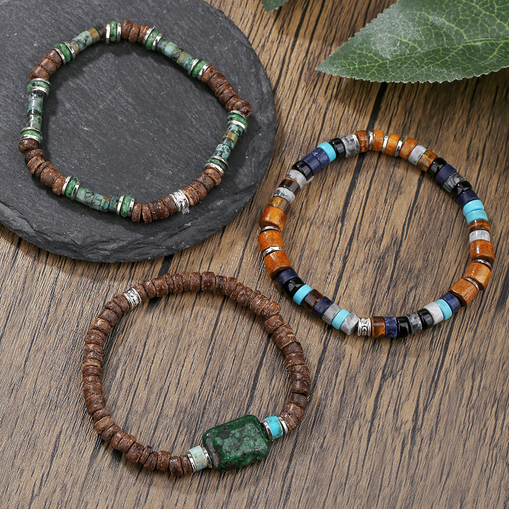 Vintage Streetwear Geometric Natural Stone and Wood Beaded Bracelet Set