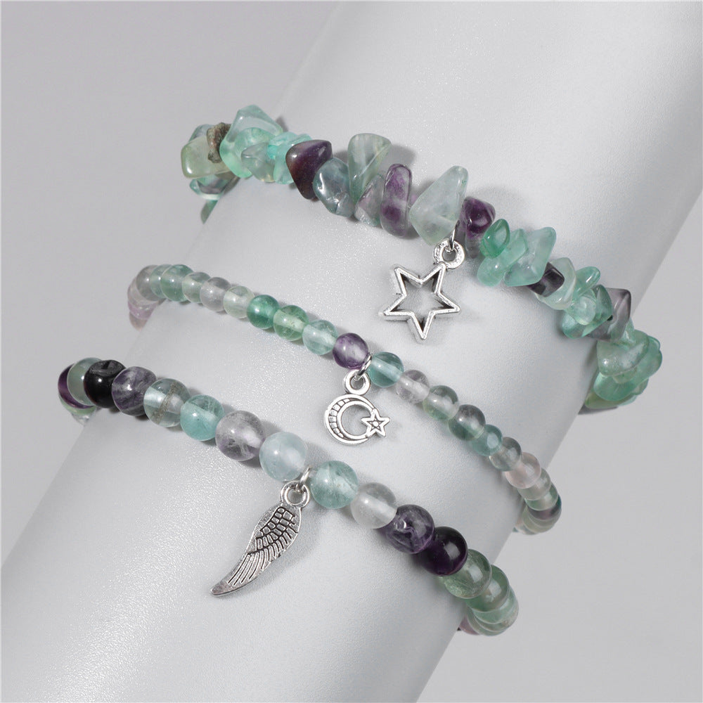 Vintage Amethyst Crystal Chip Beads Bracelet with Star Moon Pendant Geometric Irregular Stone Elastic Multi-Layer Bracelet for Women