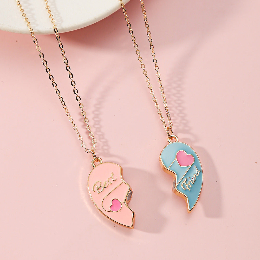 Precioso collar de aleación con forma de corazón y acabado esmaltado para niños, diseño de cadena cruzada con detalles de diamantes de imitación