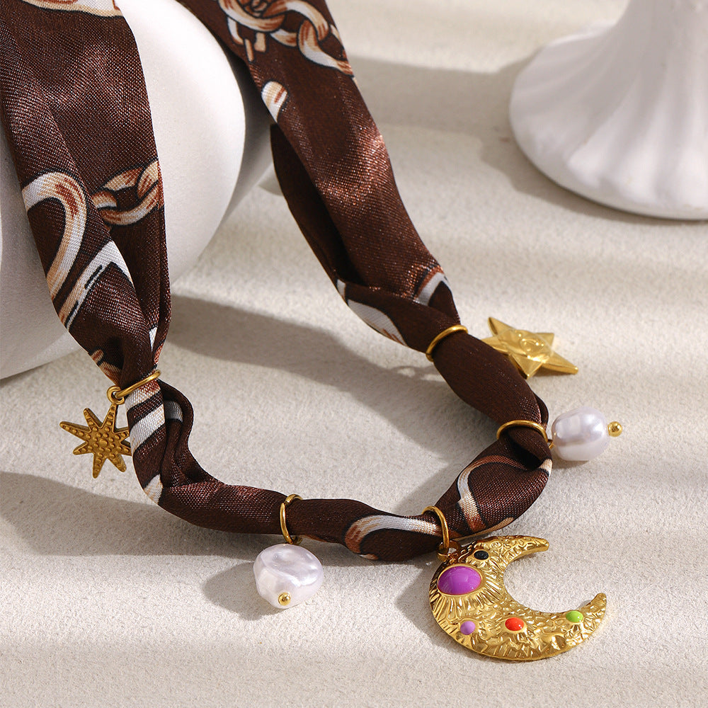 Collana da donna a sciarpa in seta con luna e stella placcata oro 18 carati in acciaio inossidabile geometrico minimalista