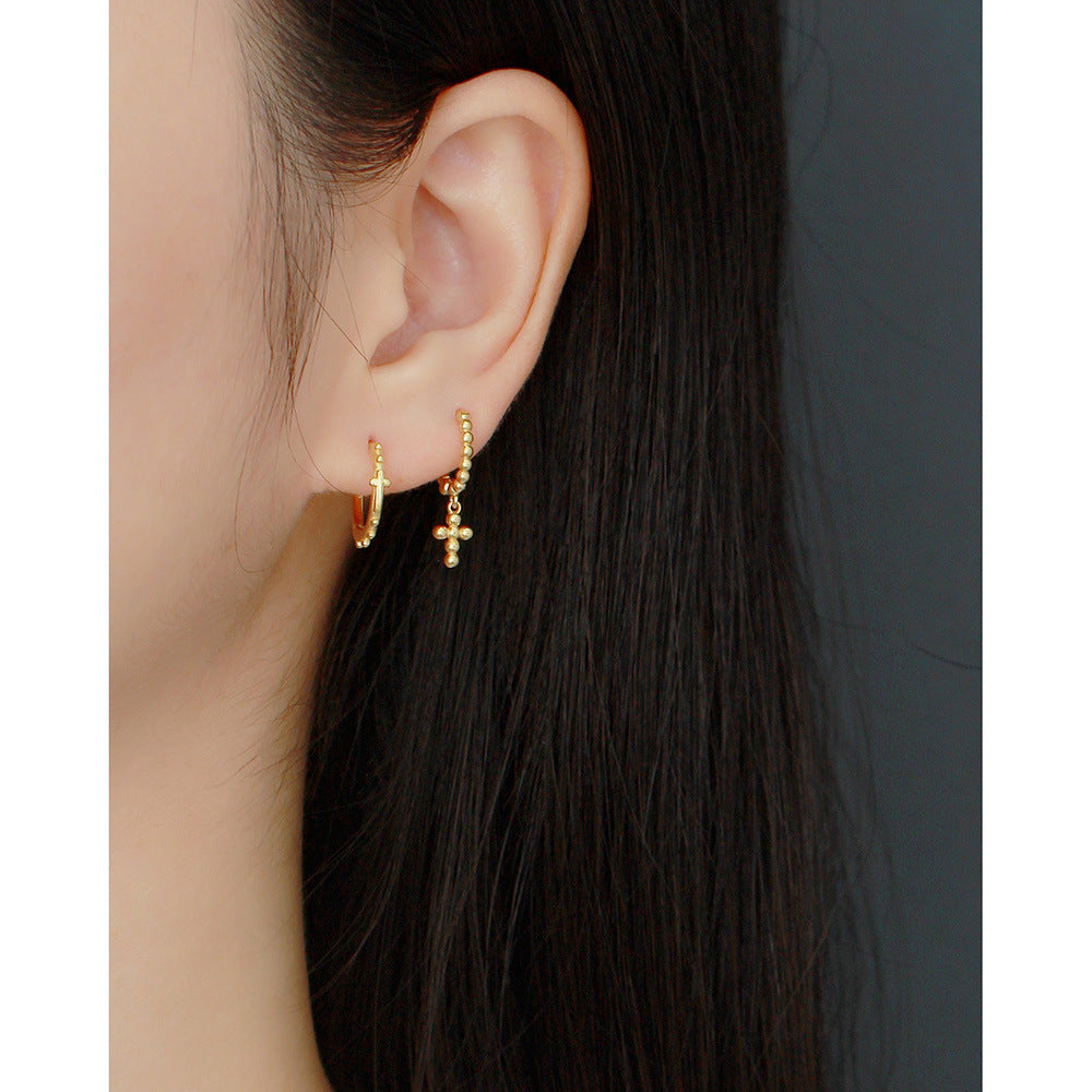 Sweet Cool Style S925 Sterling Silver Polished Cross Stud Earrings with Silver Bead Hoops
